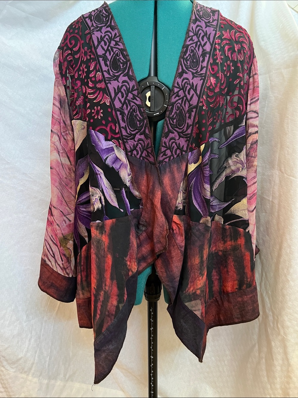 Soft Surroundings Boho Mixed Floral Cascade Open Tunic in Purple, Blue, Pink,Red